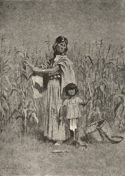 Fueron las mujeres quienes en otoño despojaron las cáscaras amarillas de la cosecha, de La canción de Hiawatha de Henry Wadsworth Longfellow, pub. por George G. Harrap und Company Ltd., 1911 de Frederic Remington